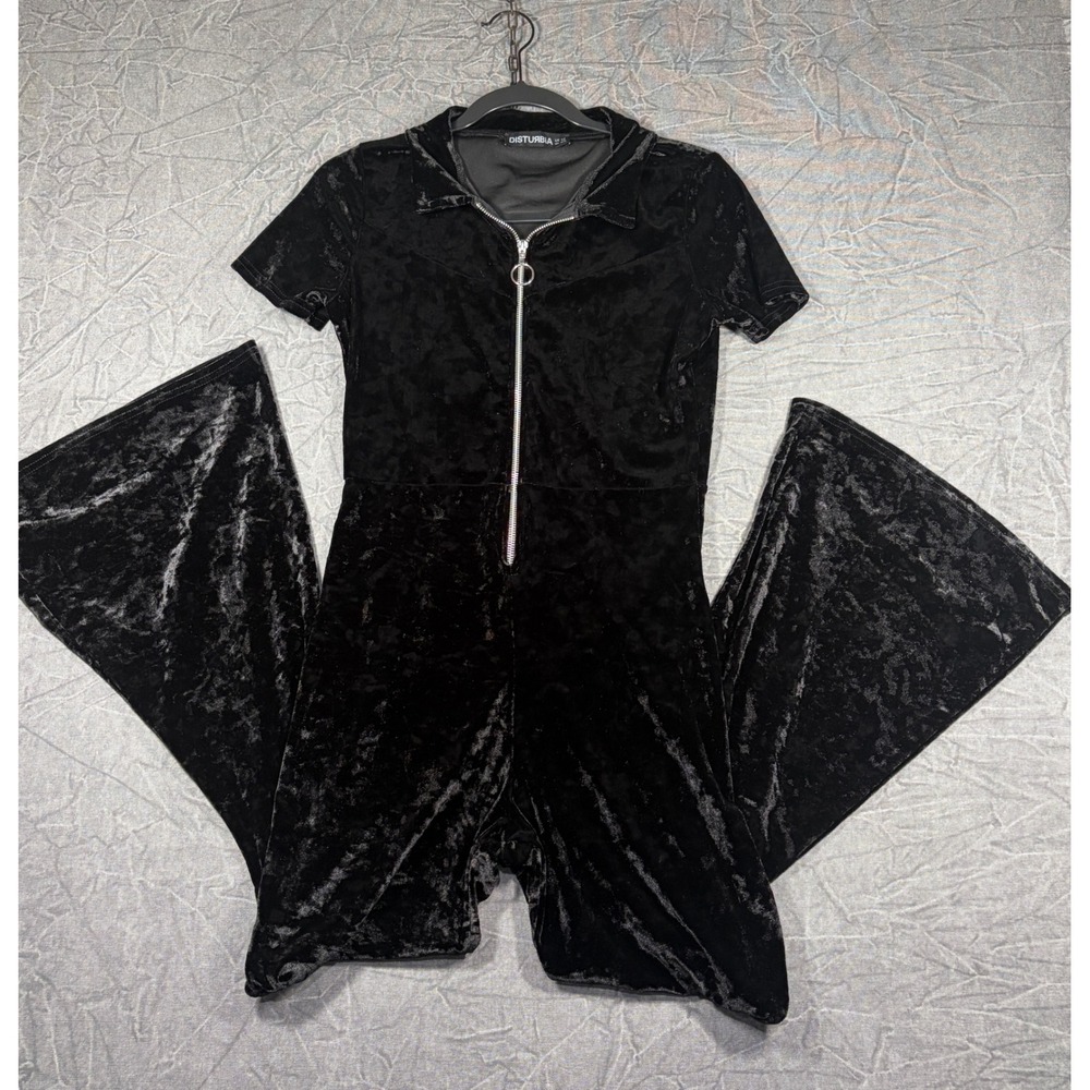 Disturbia Jumpsuit Women 8 Blk Crushed Velvet Flare Bell Bottom Zip Front Gothic
